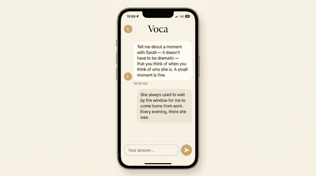 A real Voca conversation — the AI asks about a memory, and a father shares the moment his daughter used to wait by the window for him to come home
